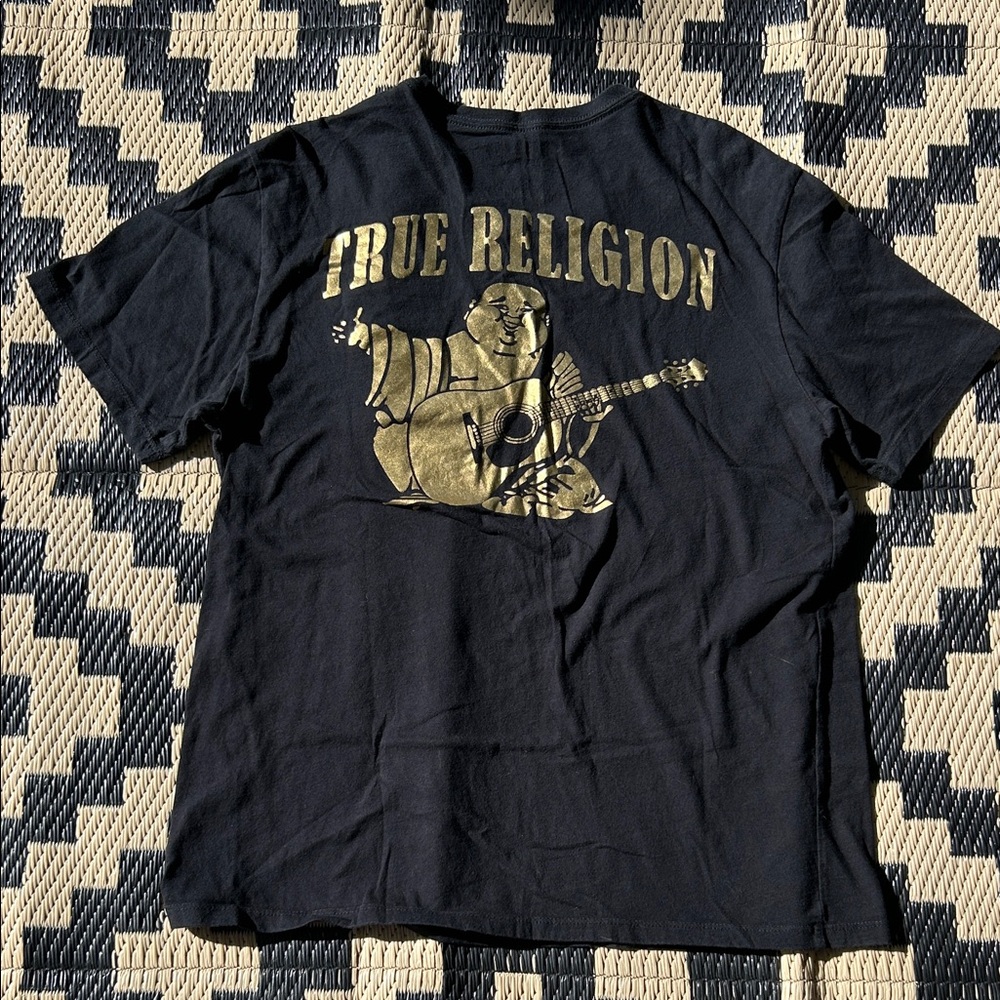 True Religion Black Tee w/Gold Guitar Buddha Graphic